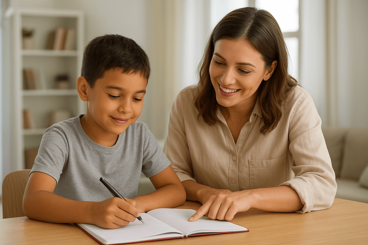 Teacher guiding student in a homeschooling session